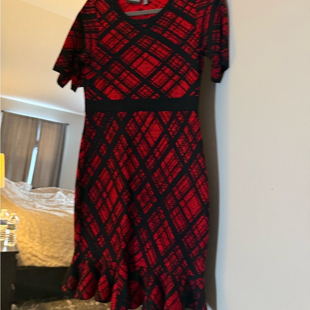 Nina Leonard Red and Black Plaid Dress
